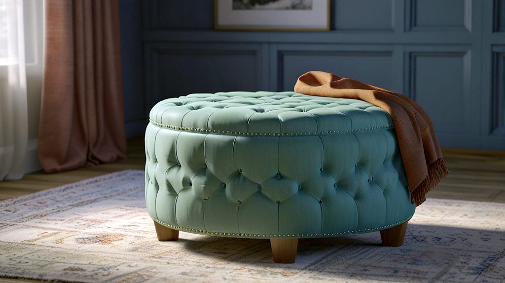 Round ottoman stool chair with decorative fabric and storage space