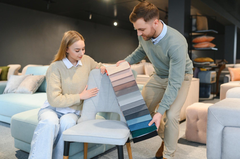 couple selecting fabric color for chair