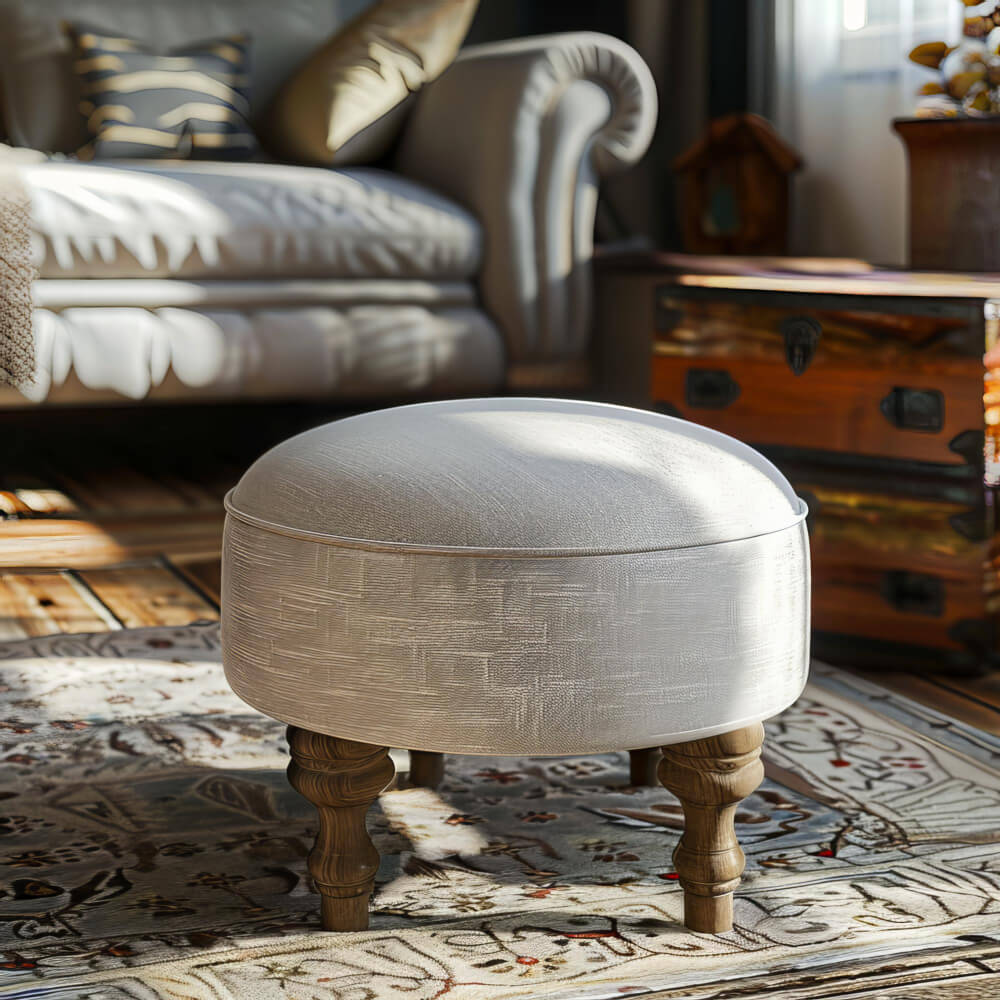 A cozy living room featuring a couch, coffee table, rug, and foot stool, creating a welcoming atmosphere.