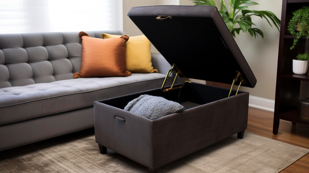 A gray storage box topped with a cozy blanket, adding a touch of comfort to the storage space.