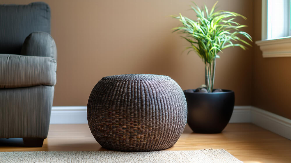 A small round stool positioned beside a vibrant green plant, creating a cozy and inviting atmosphere.